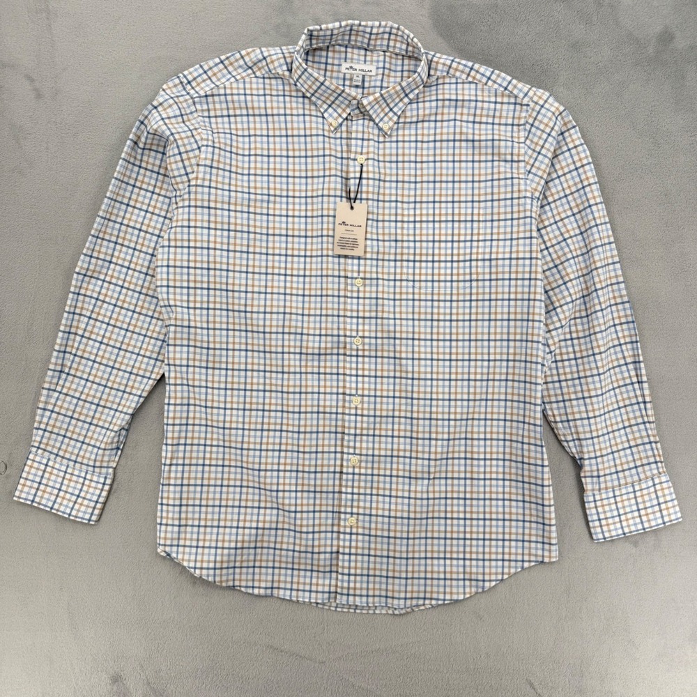 Peter Millar Crown Lite Mens Blue Tan Plaid Button Down Shirt Casual Size XL - Picture 2 of 16